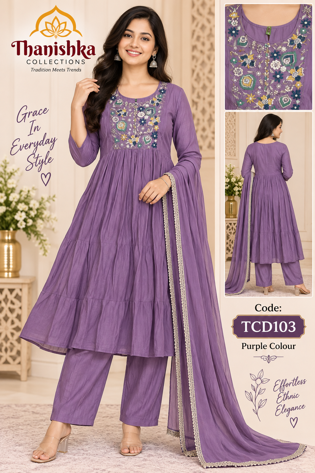 Mul chanderi 3piece set heavy embroidery on top
