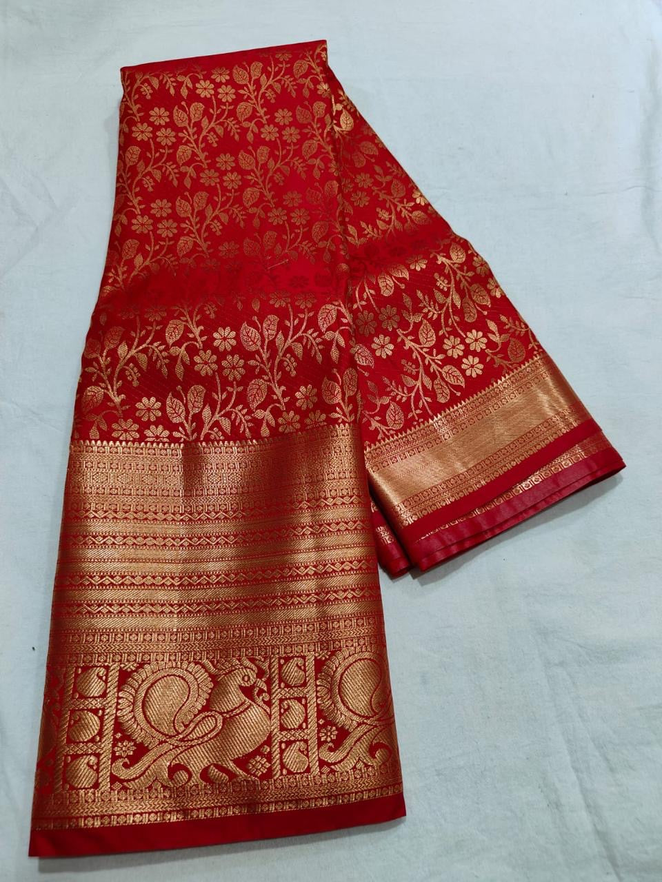 Semi Kanchi Self Red saree