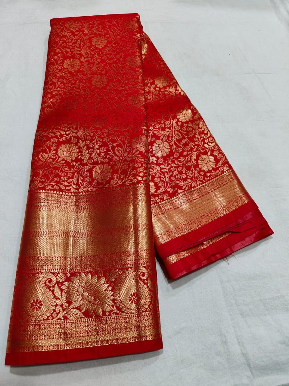 Semi Kanchi Self Red saree
