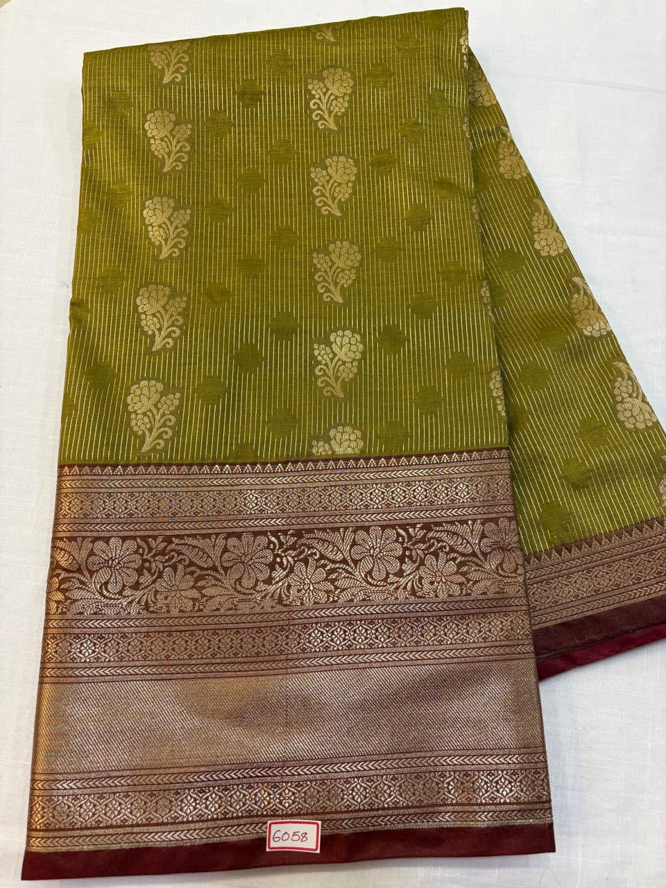 Semi Uppada Saree Dry Mehandi green with Maroon