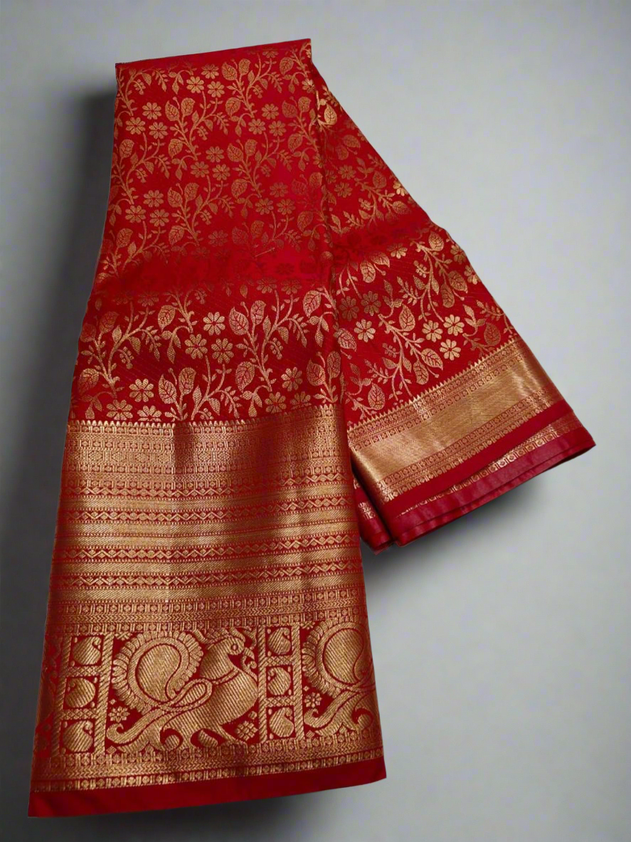 Semi Kanchi Self Red saree