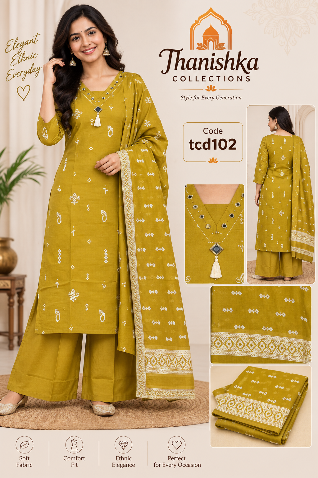 Cotton 3piece set with v neck mirror work