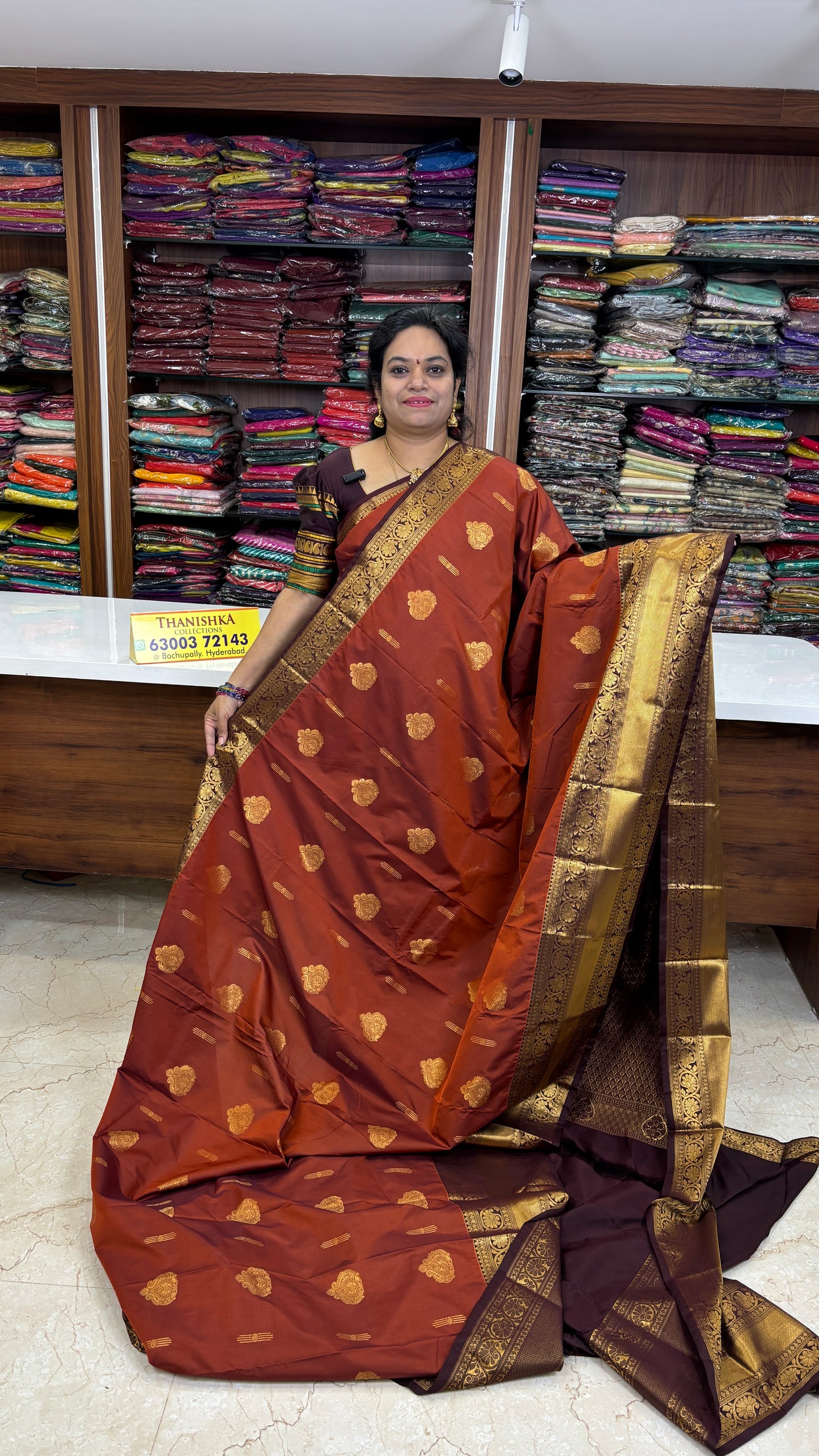 Semi Kanchi Rust orange with Brown saree