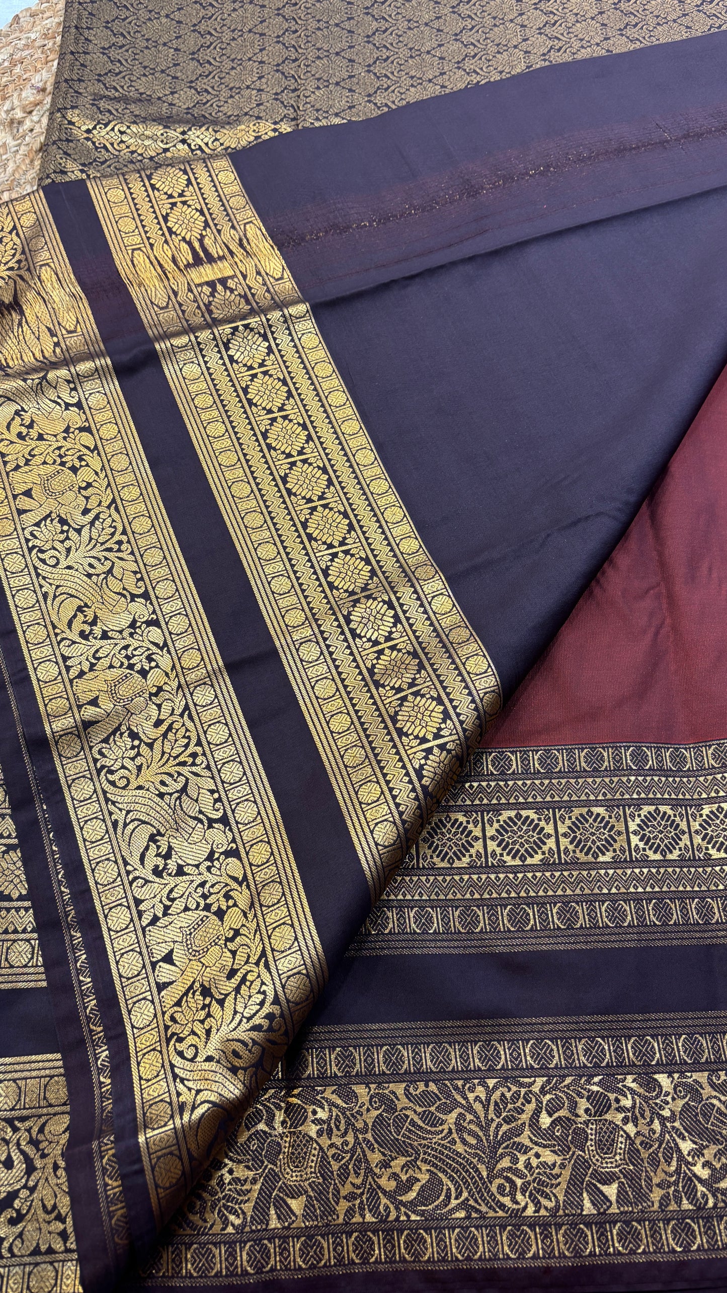 Semi Kanchi Rust orange with Brown saree