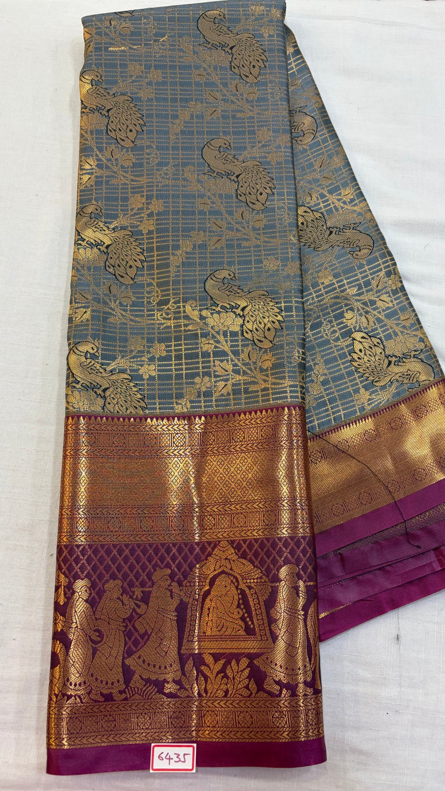 Semi Kanchi Pattu saree Grey with Wine