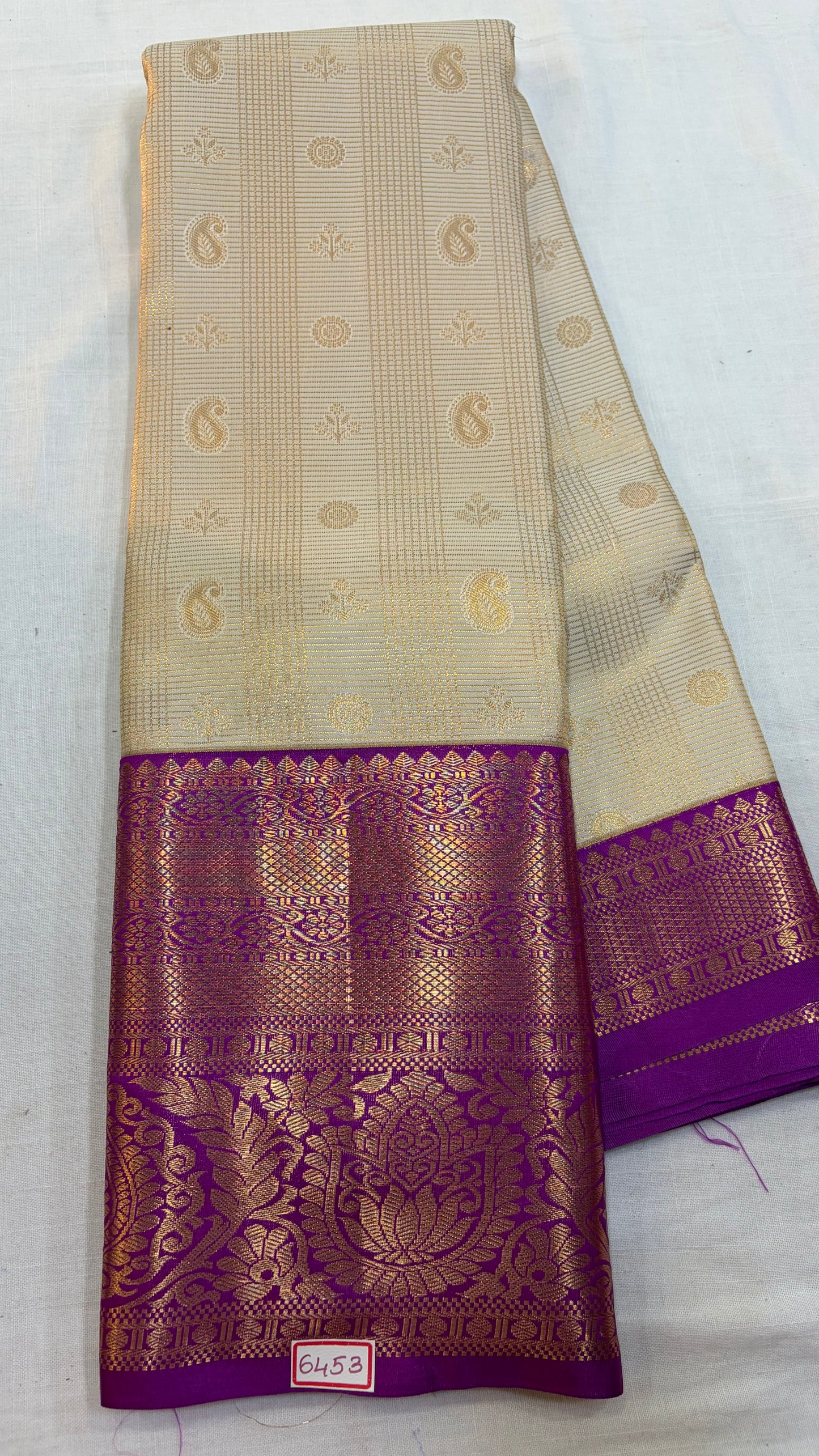 Semi Kanchi Pattu saree Half white with Purple