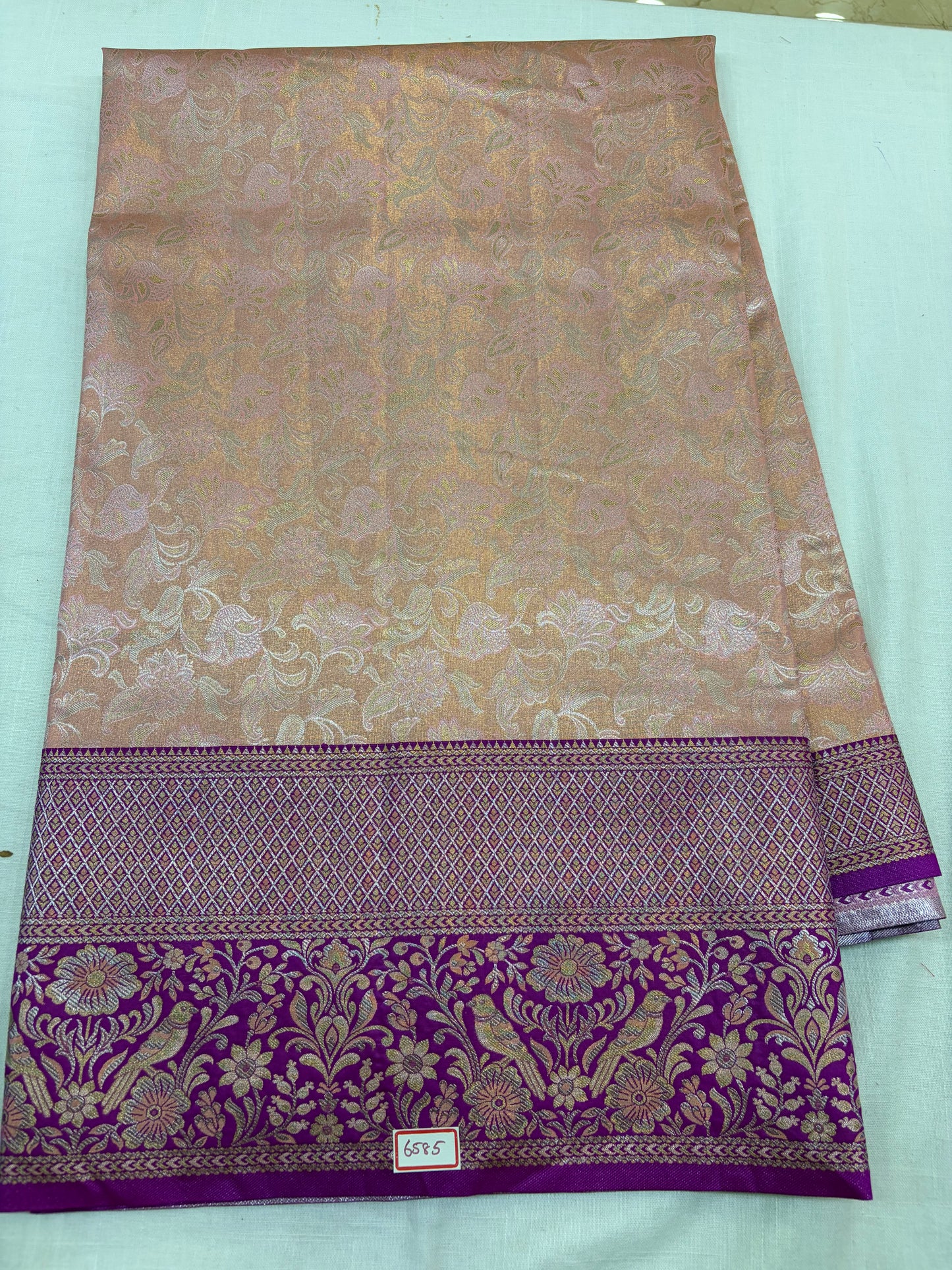 Meenakari Semi Kanchi Pattu Peach pink with Magenta