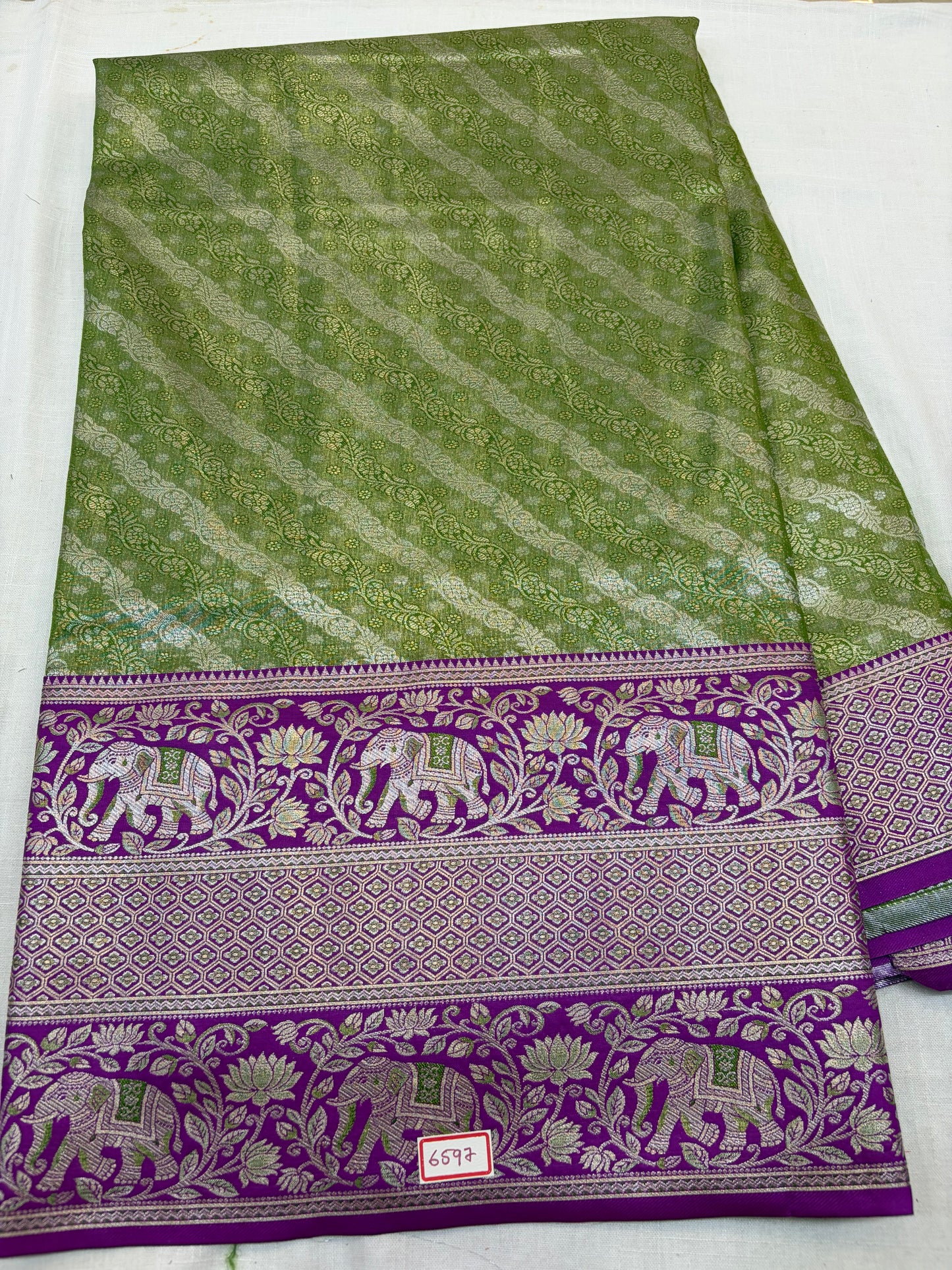 Meenakari Semi Kanchi Pattu Sarees Green with Purple Border