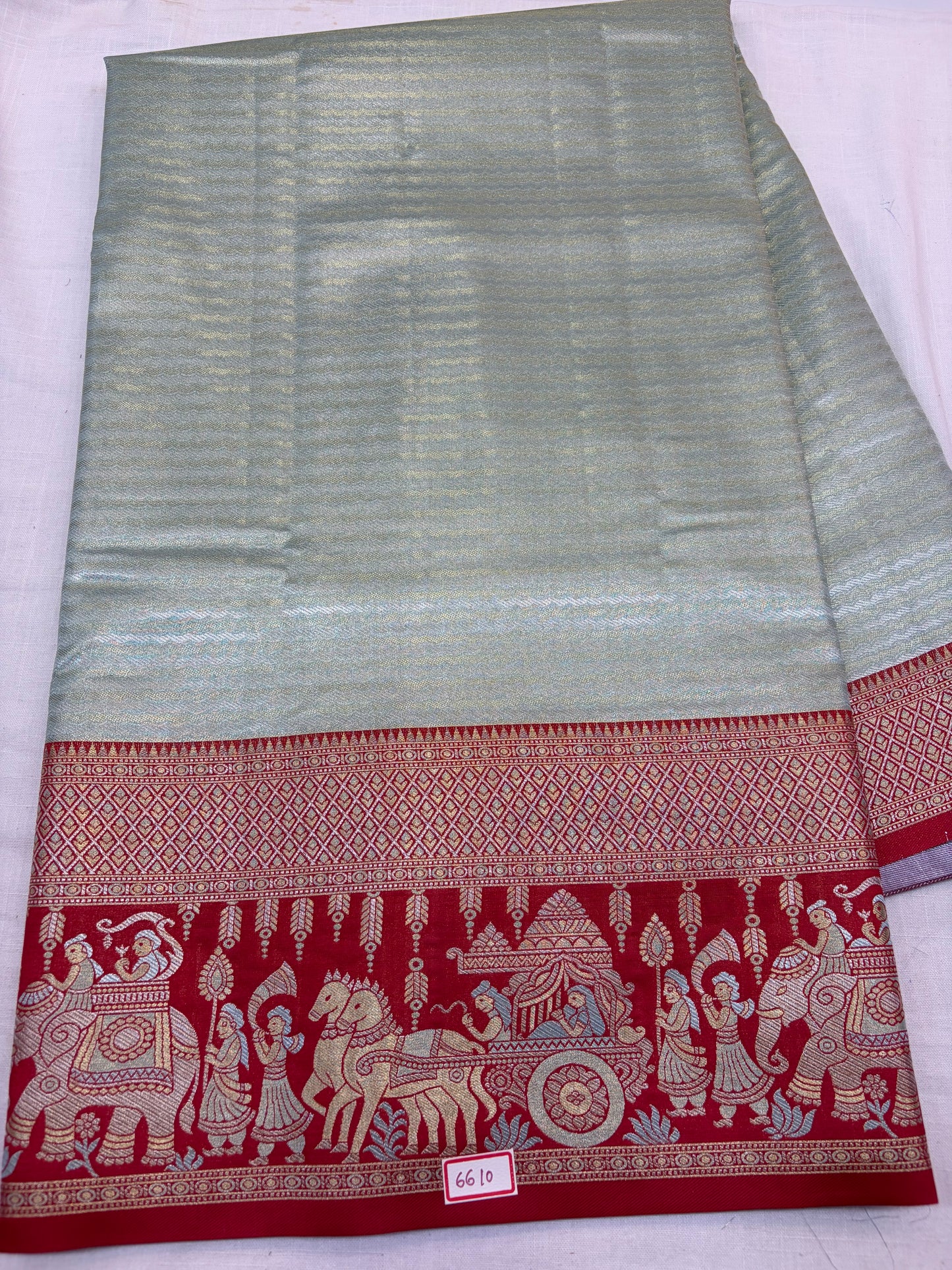 Meenakari Semi Kanchi Pattu Sarees light Sea Green with Red