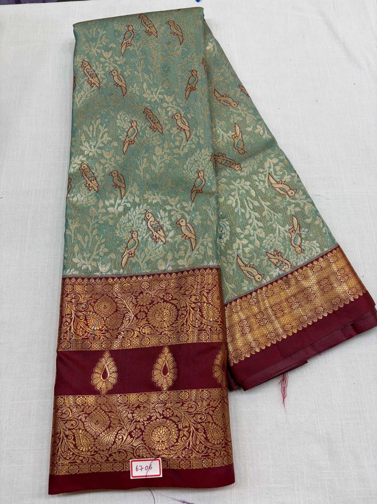 Semi Kanchi Tissue Pattu Sarees Light blue with Brown