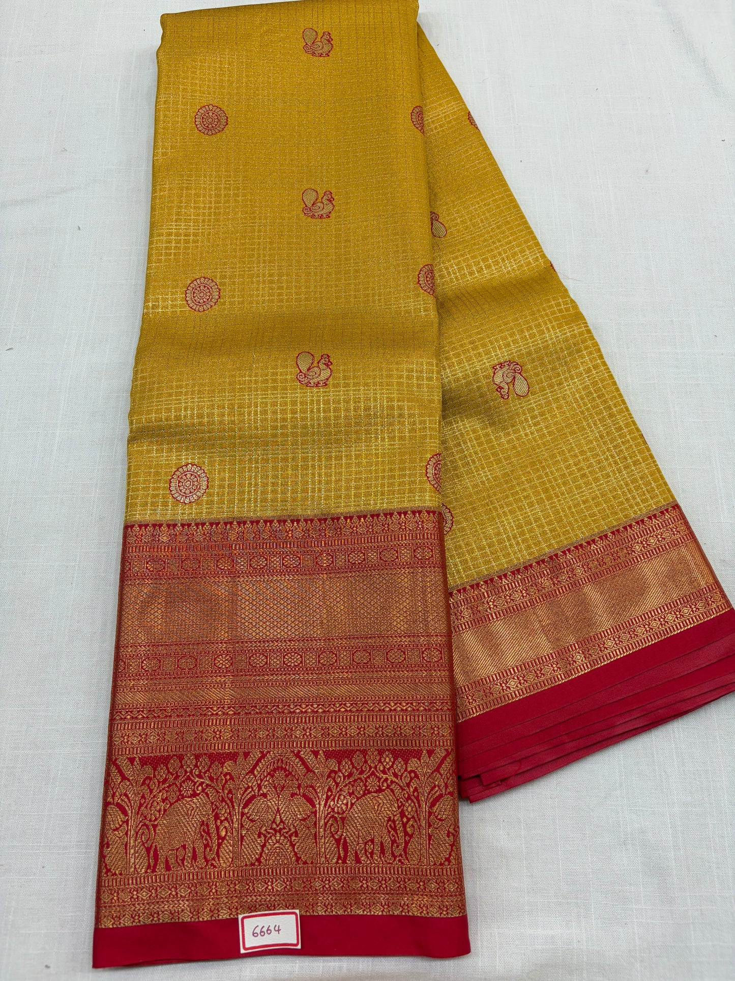 Semi Kanchi Tissue Pattu Sarees Golden yellow with Red borde