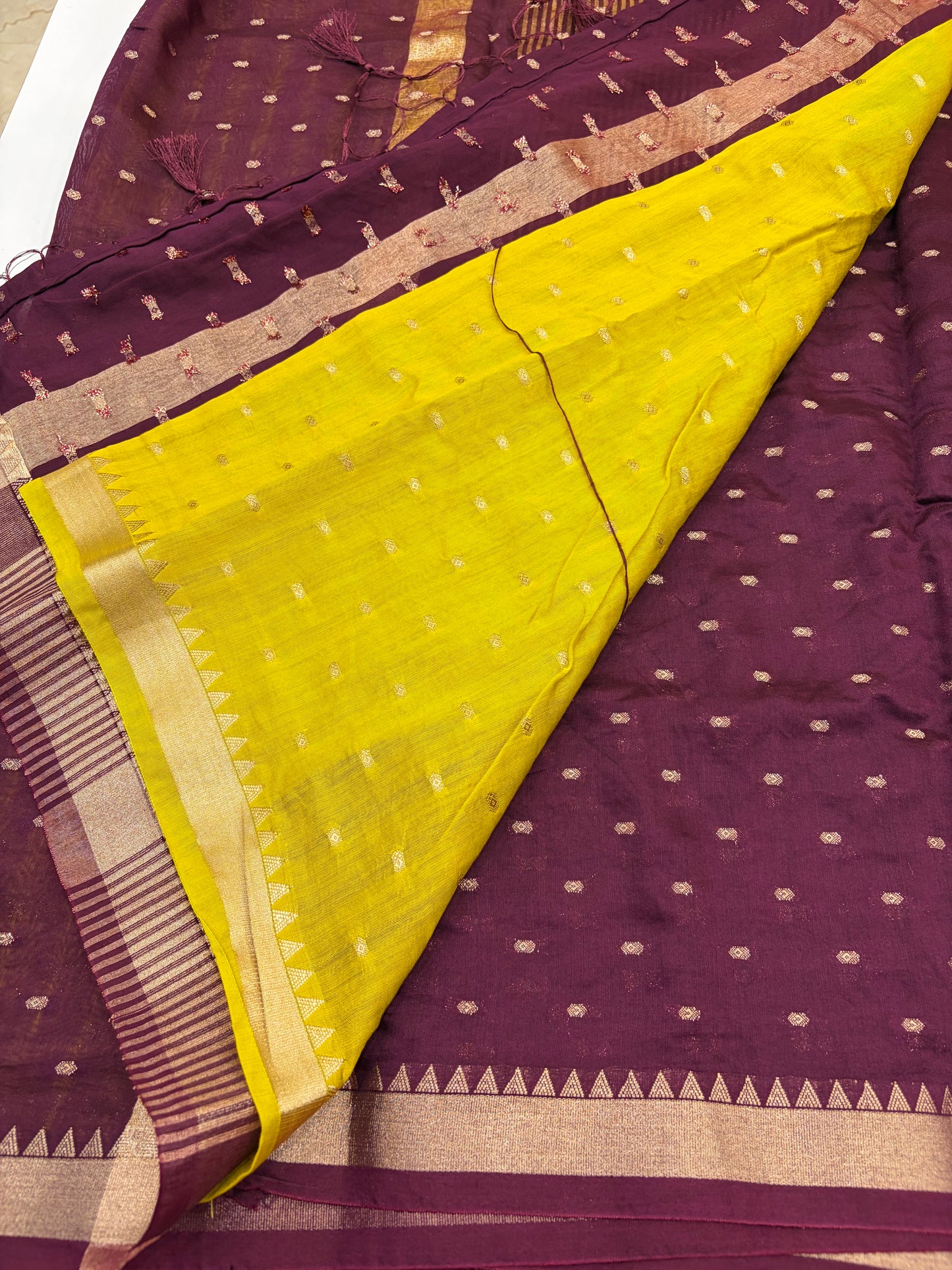 Self Wine Soft Dola Silk Sarees with Yellow Blouse