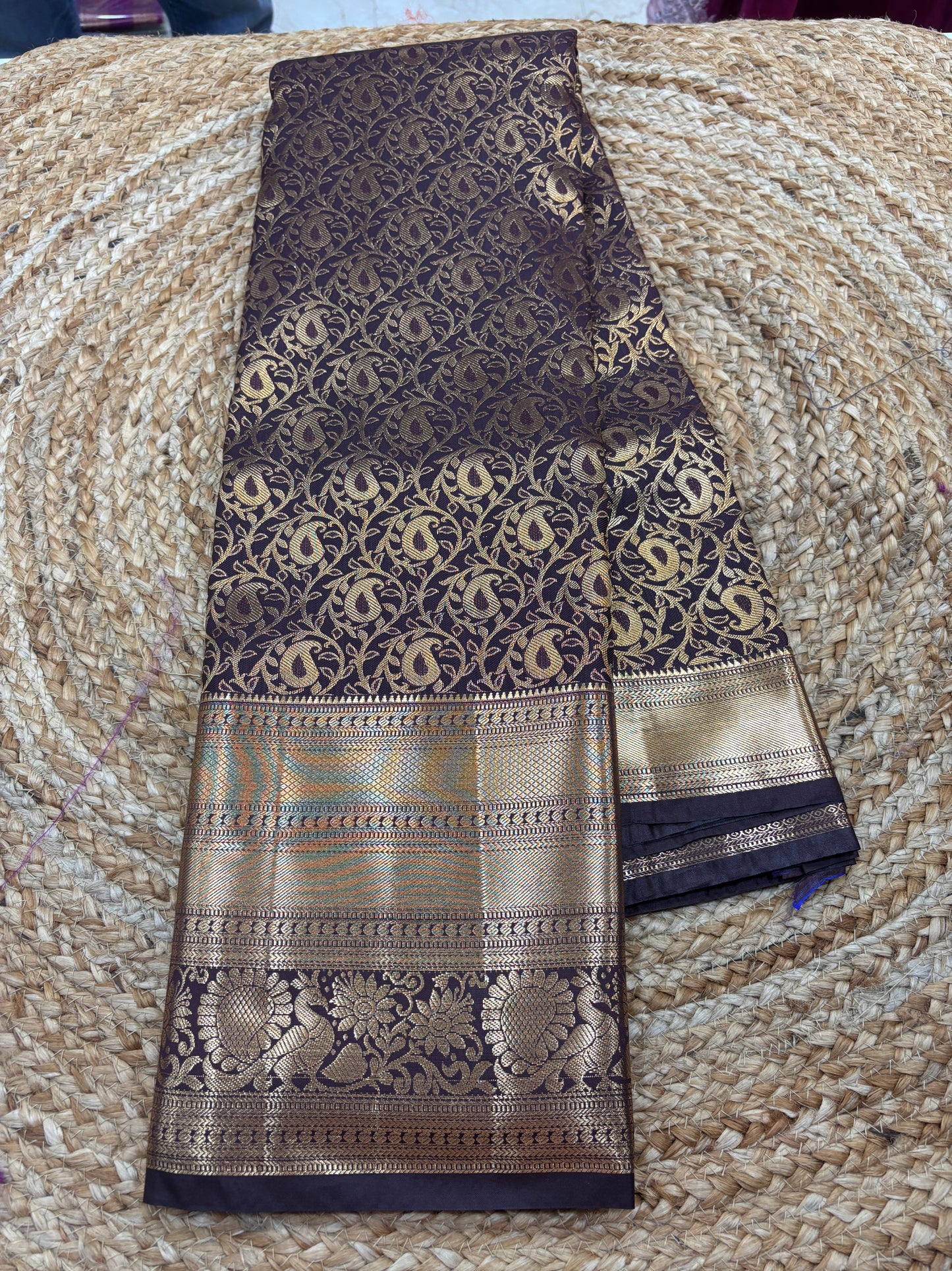 Semi Kanchi Self Brown saree-22