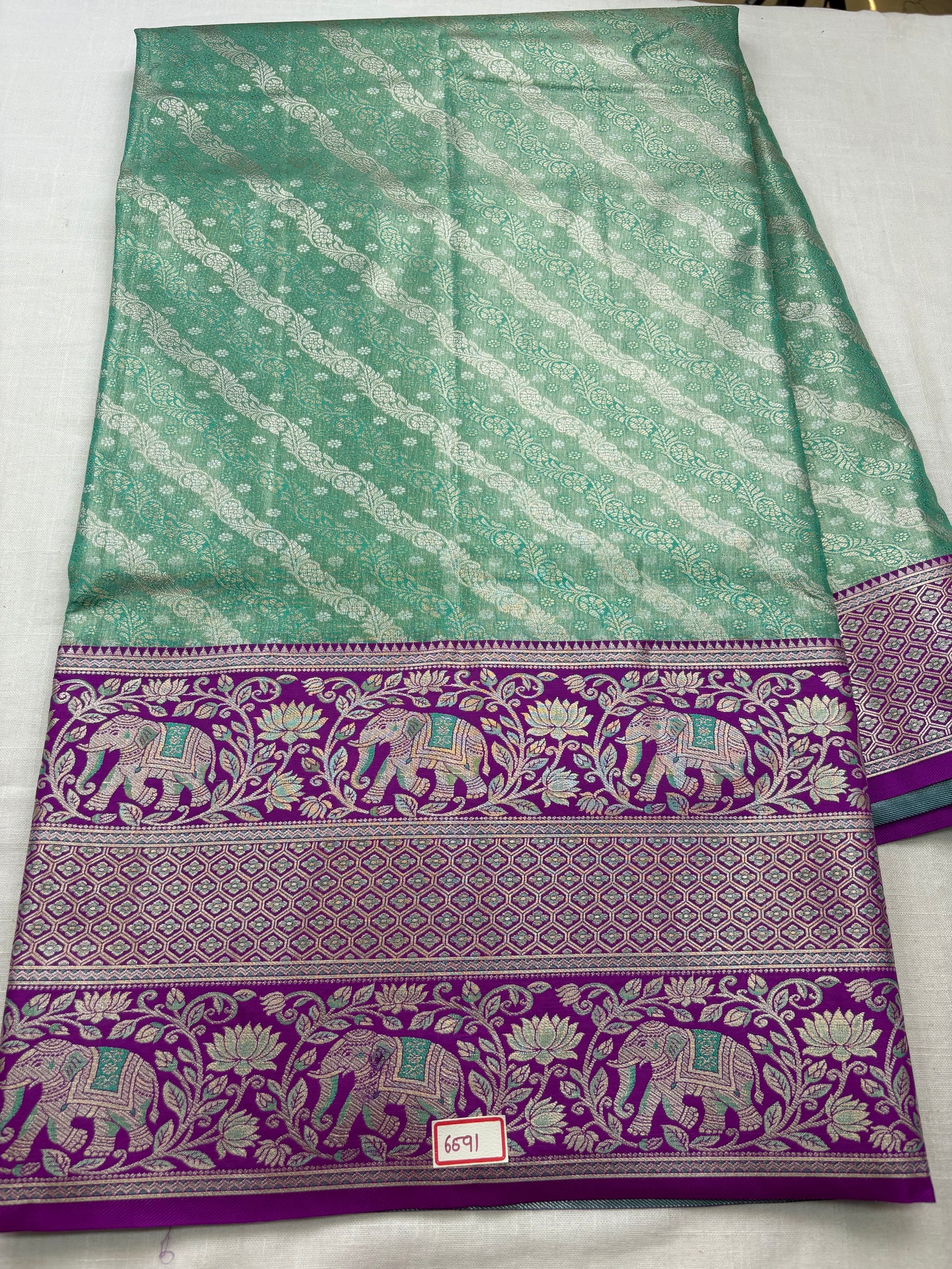 Meenakari Semi Kanchi Pattu Sarees Sea Green with Purple