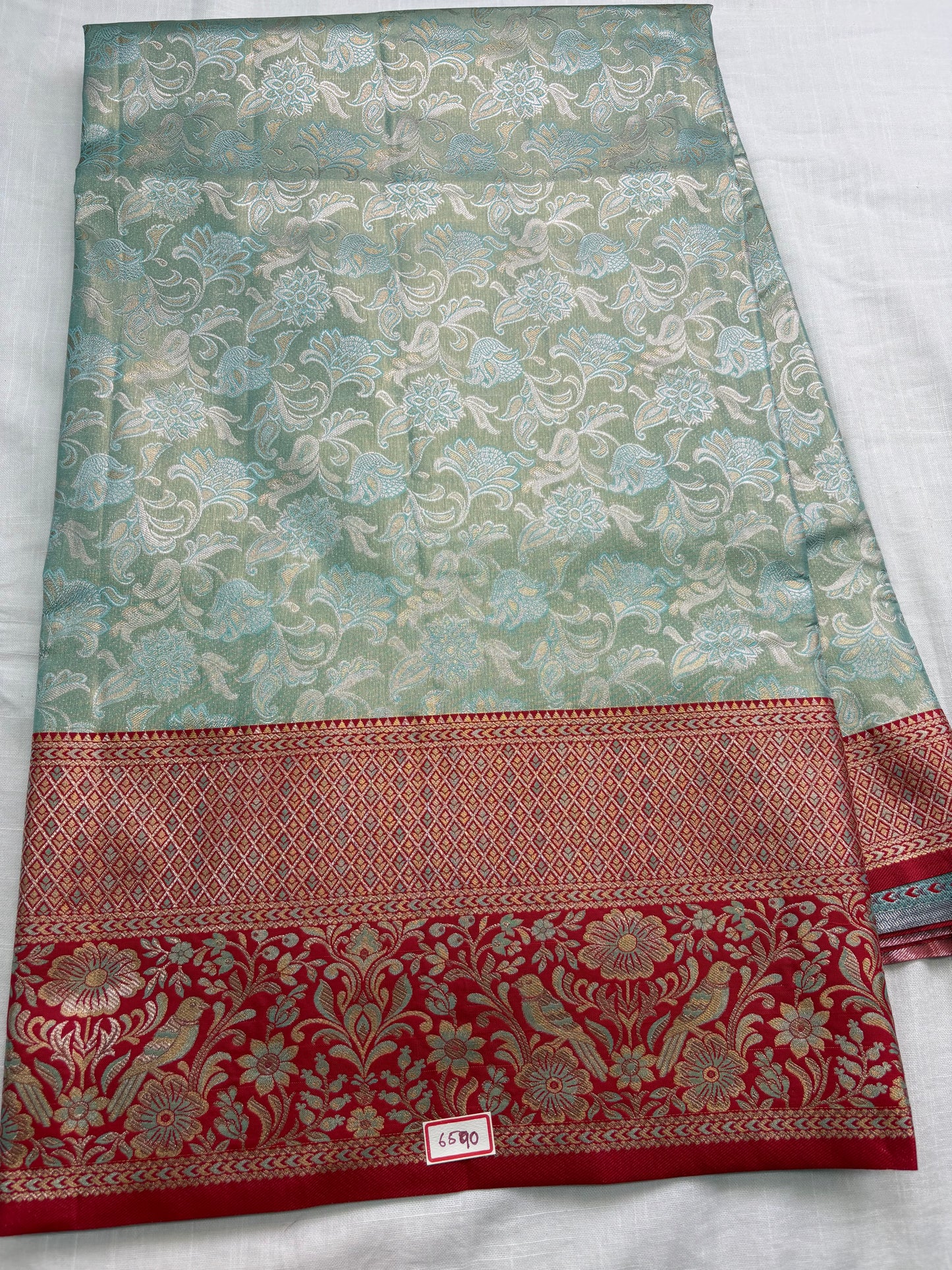 Meenakari Semi Kanchi Pattu Sarees Light blue with Red