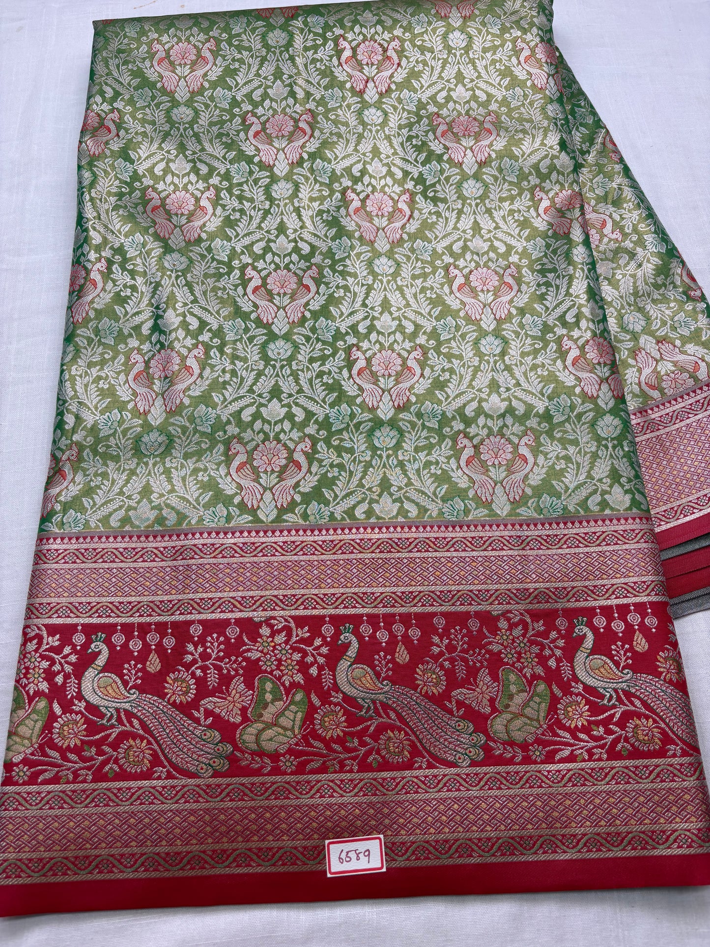 Meenakari Semi Kanchi Pattu Sarees Green with Red