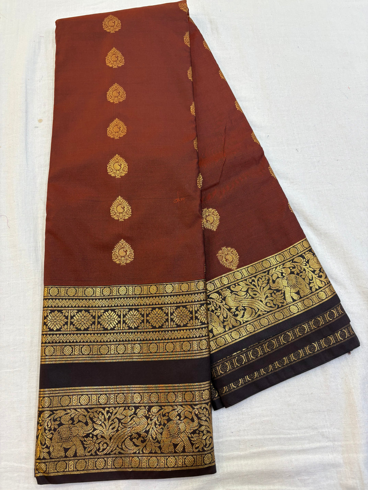 Semi Kanchi Rust orange with Brown saree
