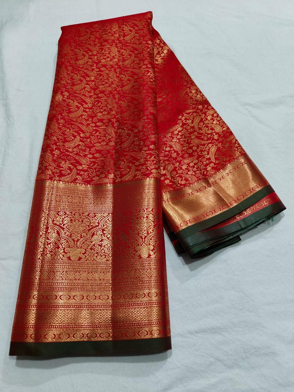 Semi Kanchi Self Red saree