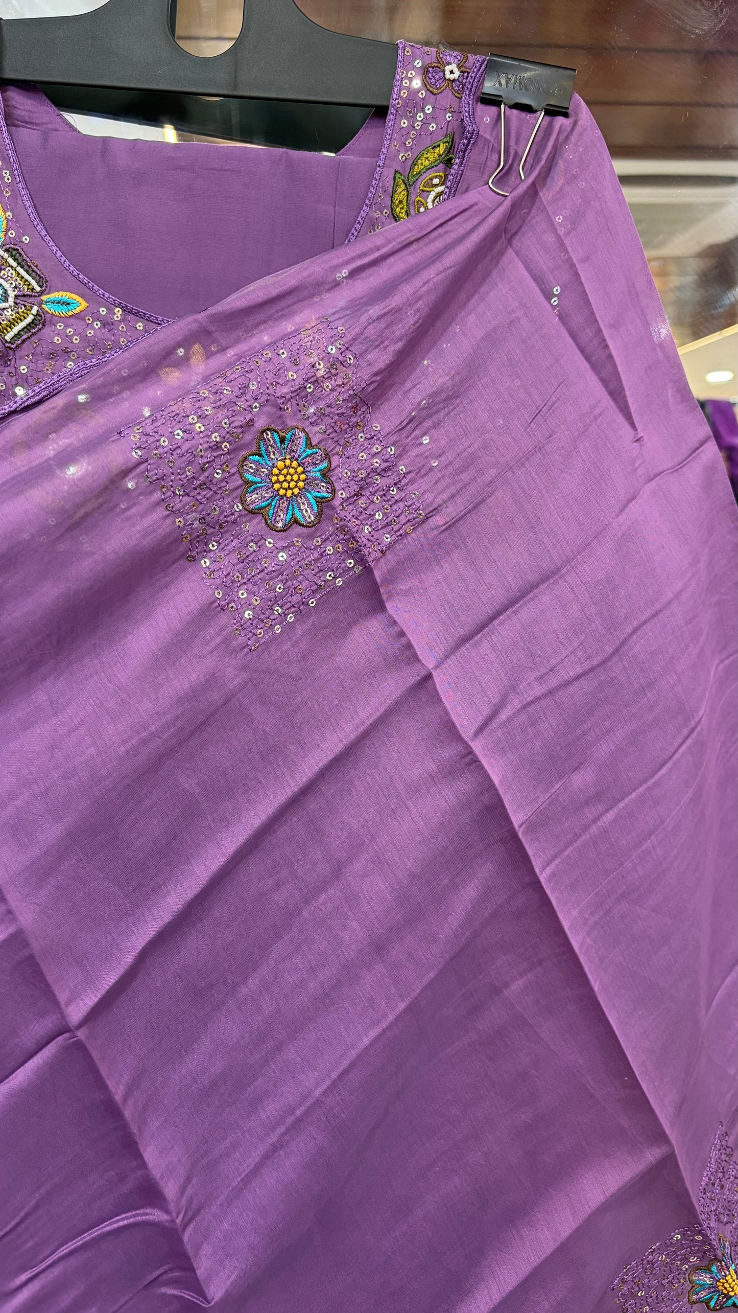 Light Purple Mul Chanderi Embroidery Kurti Set