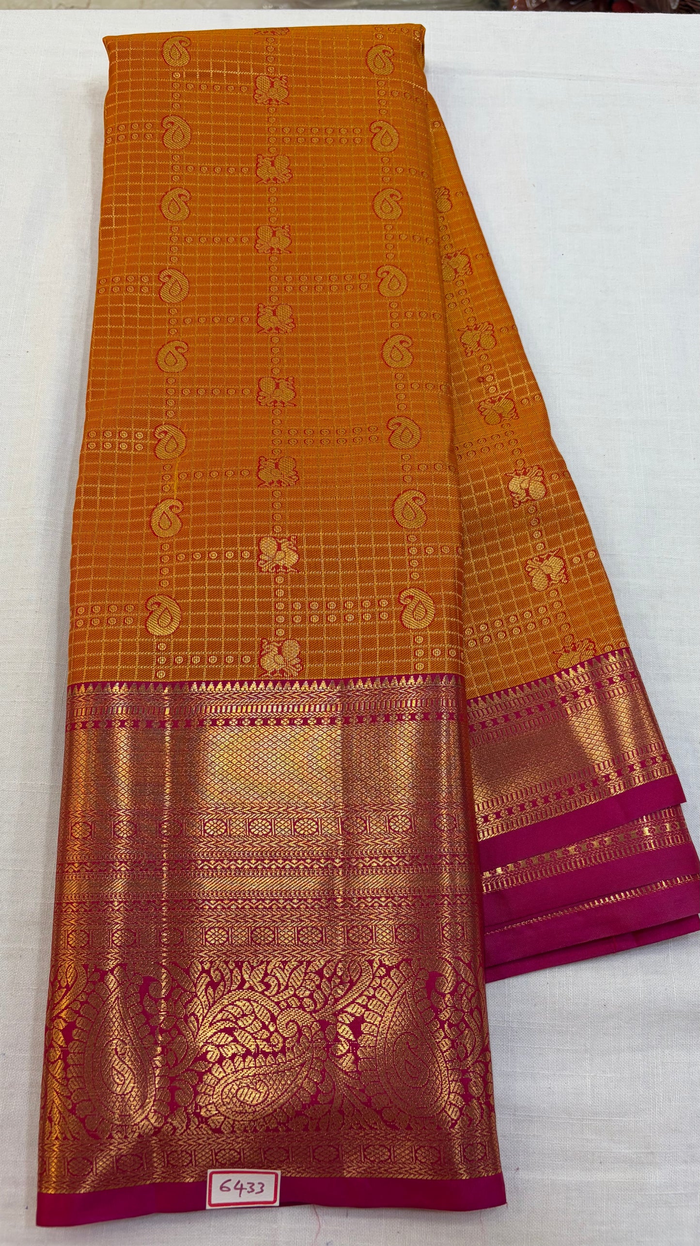 Semi Kanchi Pattu saree Yellow with Pink border