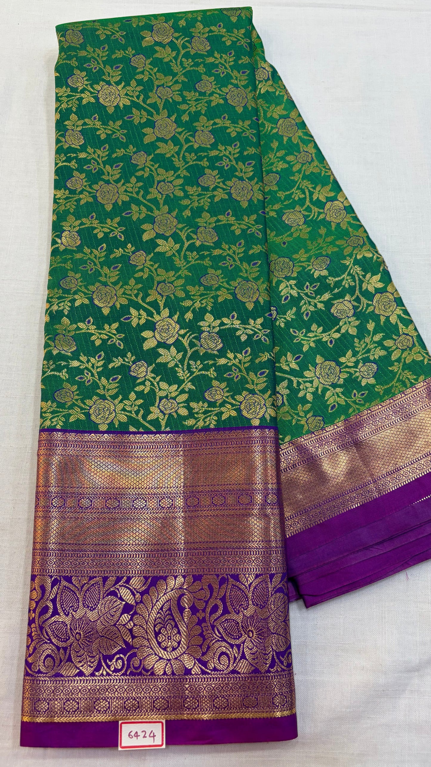 Semi Kanchi Pattu saree Sea Green with Purple