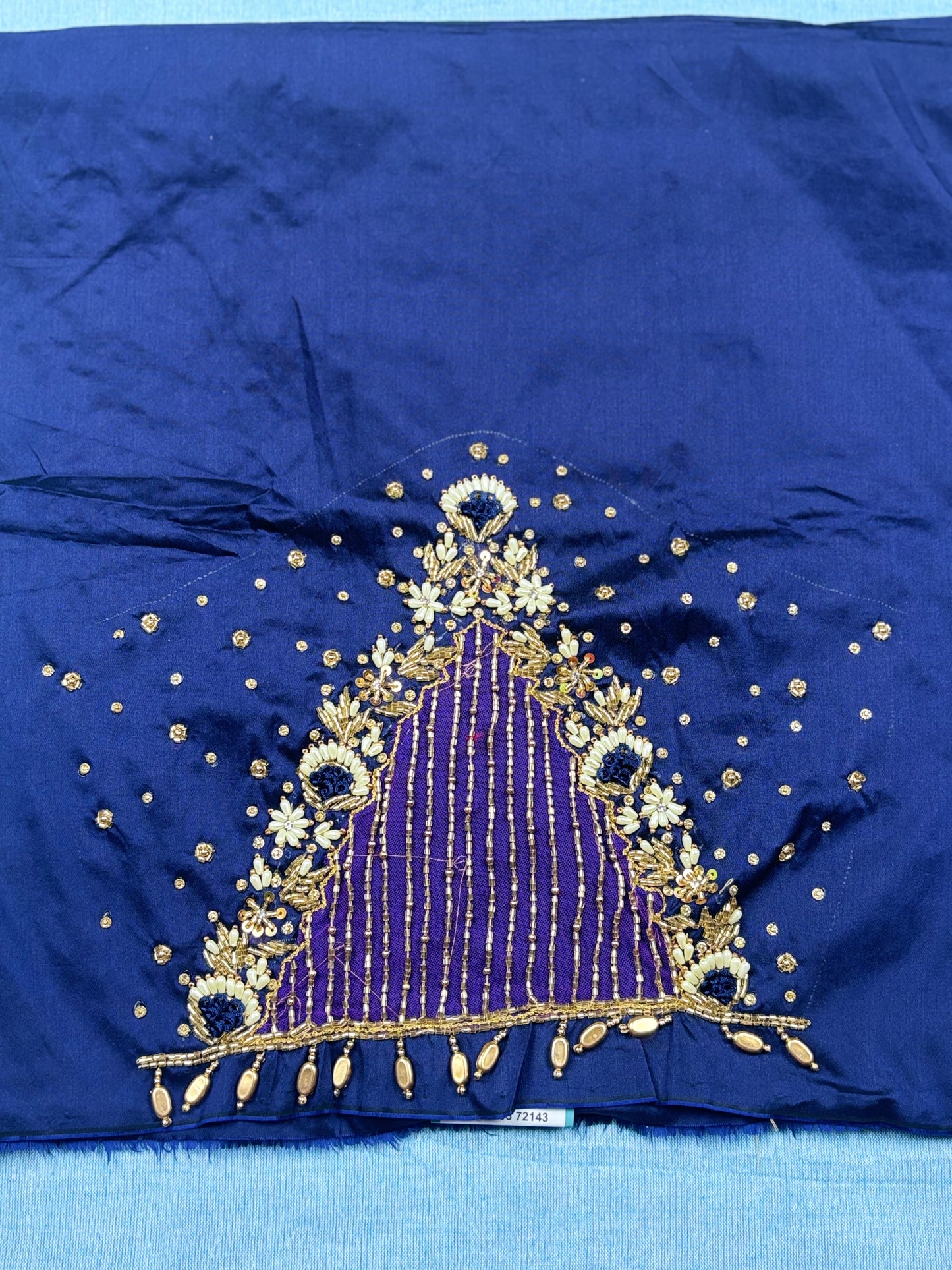 Bridal Maggam work blouse with net sleeves - Blue