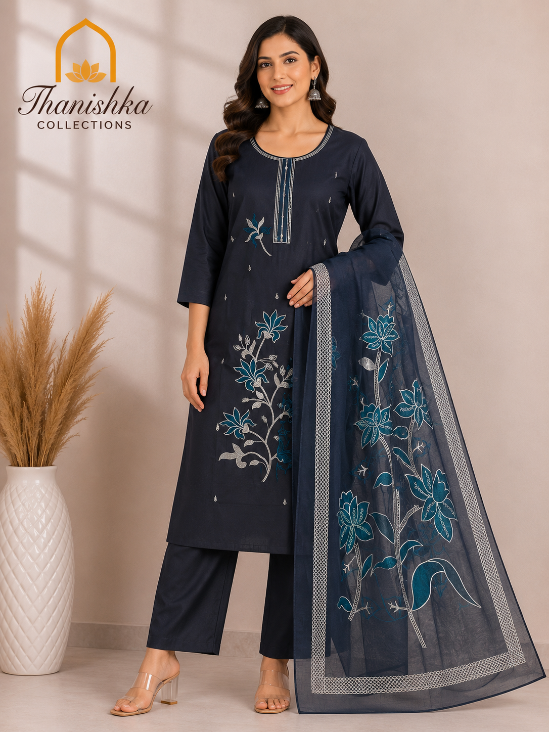 Roman 3 pcs Set with Top embroidery and Organza digital printed dupatta