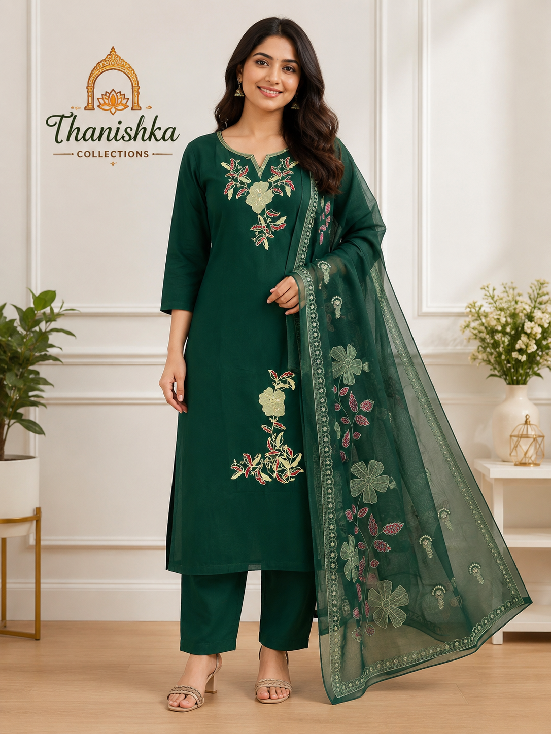 Roman 3 pcs Set with Top embroidery and Organza digital printed dupatta