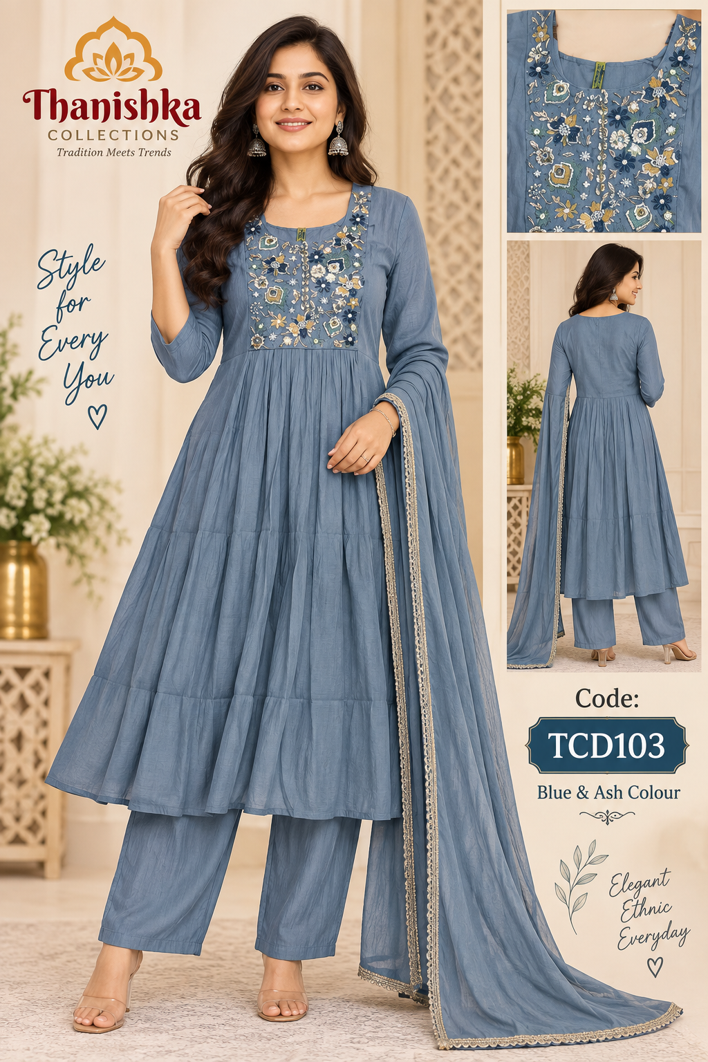 Mul chanderi 3piece  set heavy embroidery on top