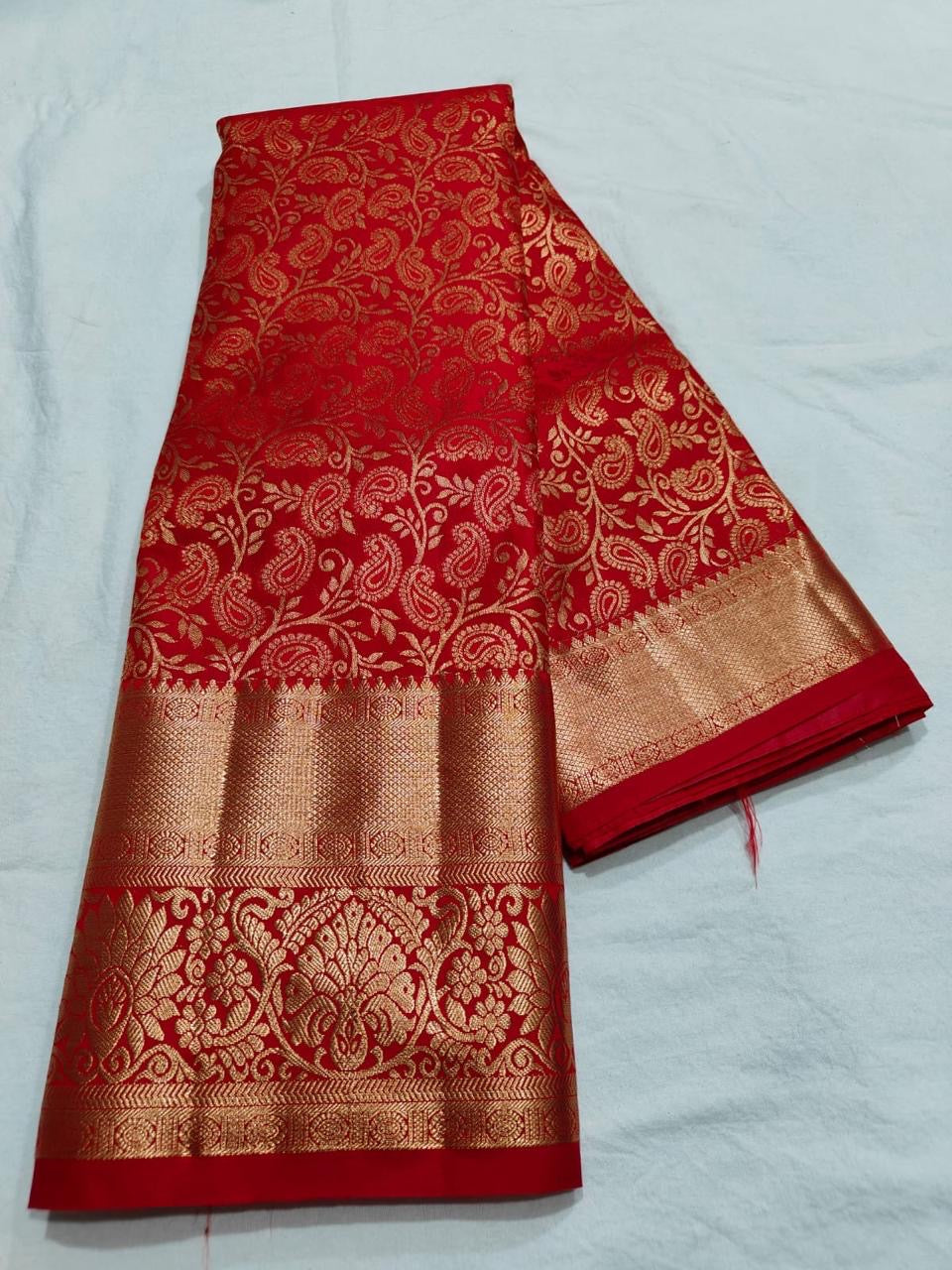 Semi Kanchi Self Red saree
