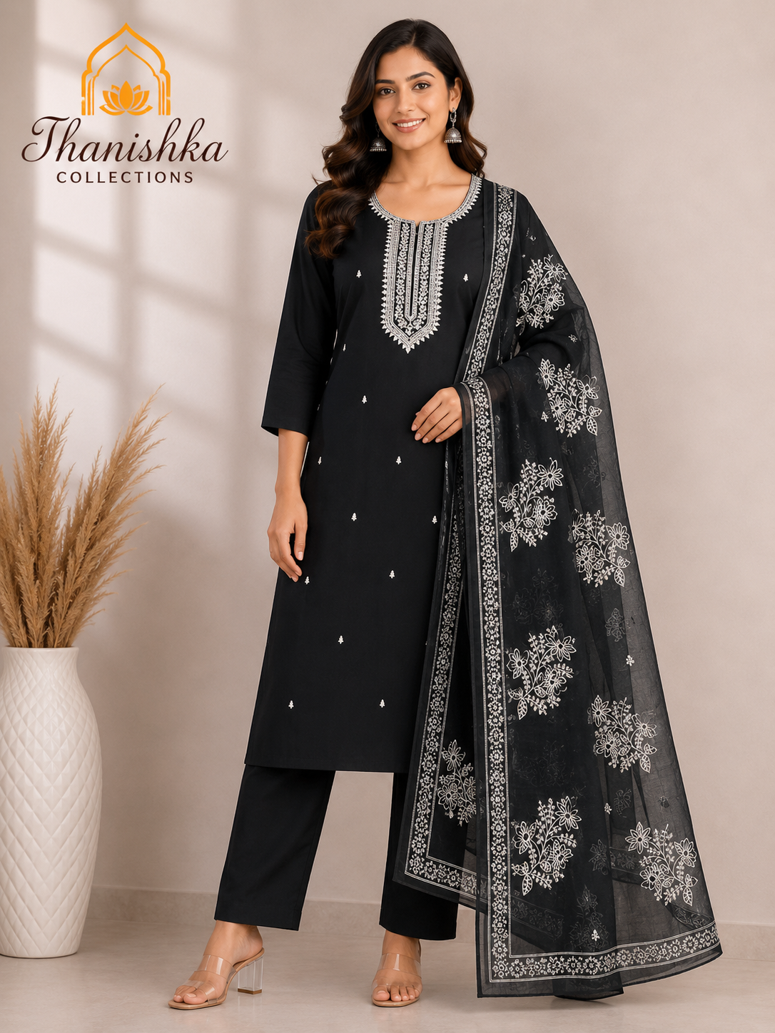 Roman 3 pcs Set with Top embroidery and Organza digital printed dupatta
