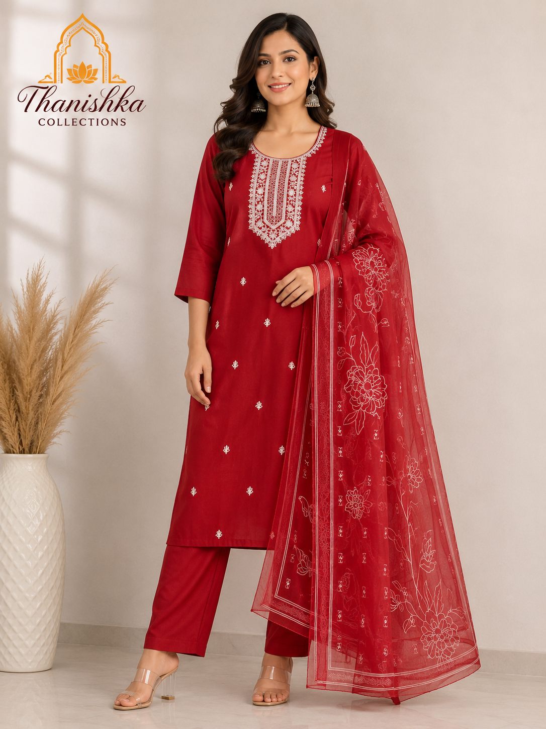 Roman 3 pcs Set with Top embroidery and Organza digital printed dupatta