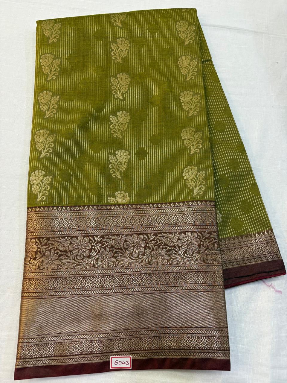 Semi Uppada Saree Dry Mehandi green with Maroon border