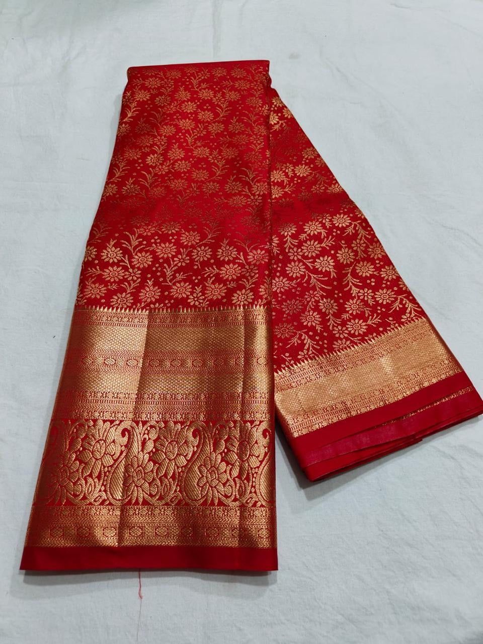 Semi Kanchi Self Red saree