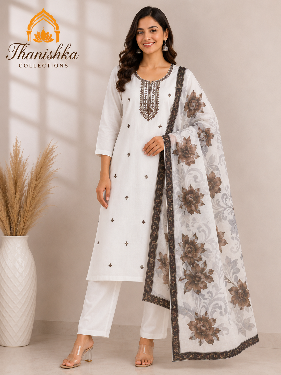 Roman 3 pcs Set with Top embroidery and Organza digital printed dupatta
