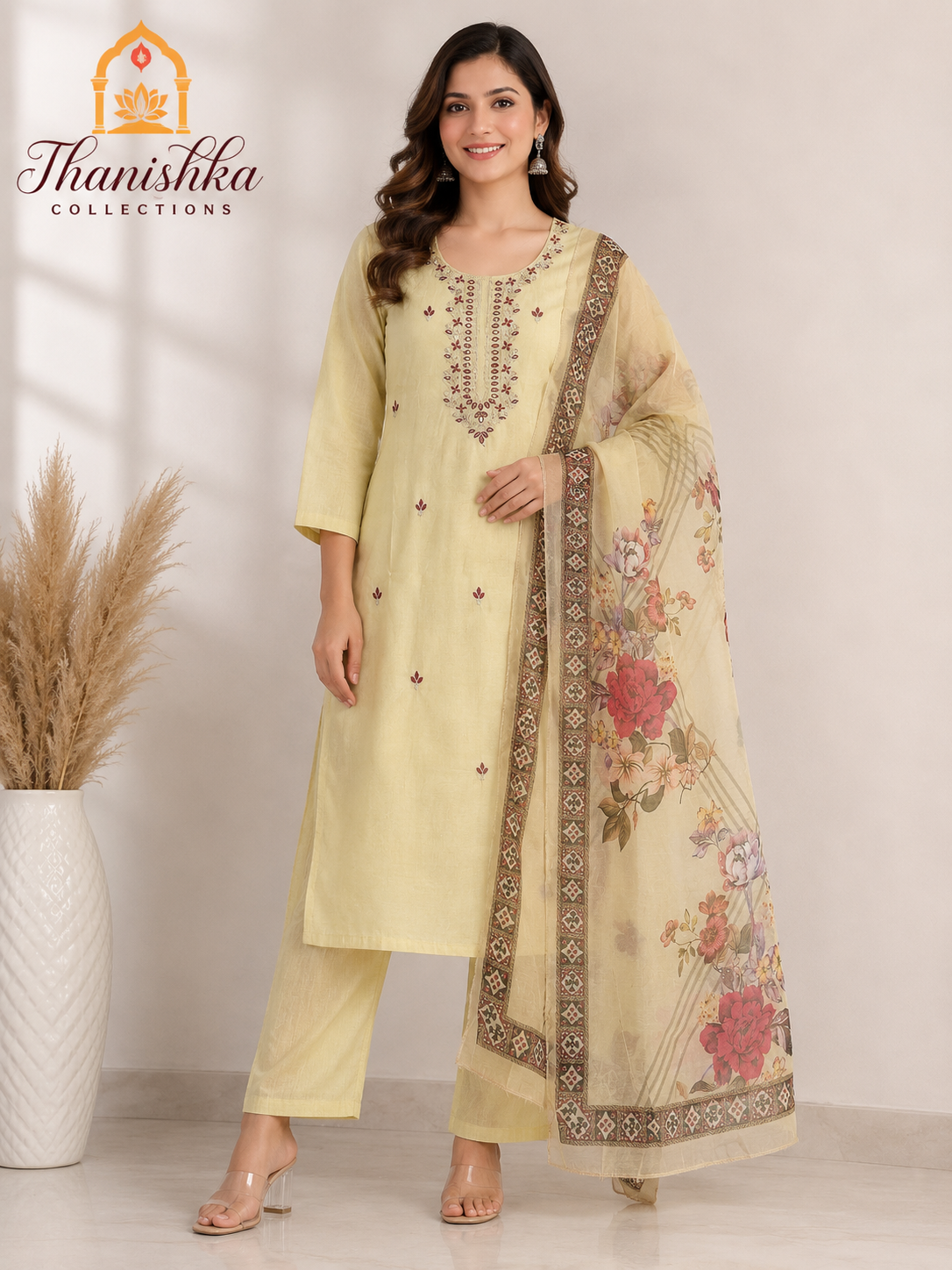 Roman 3 pcs Set with Top embroidery and Organza digital printed dupatta