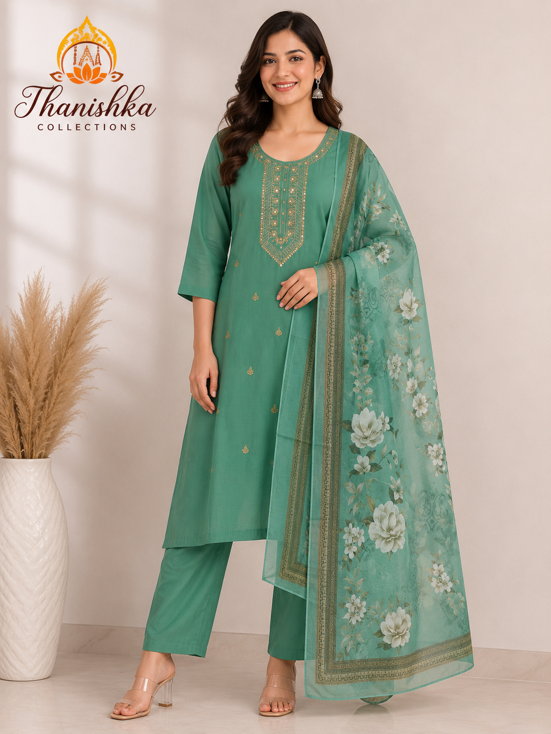 Roman 3 pcs Set with Top embroidery and Organza digital printed dupatta