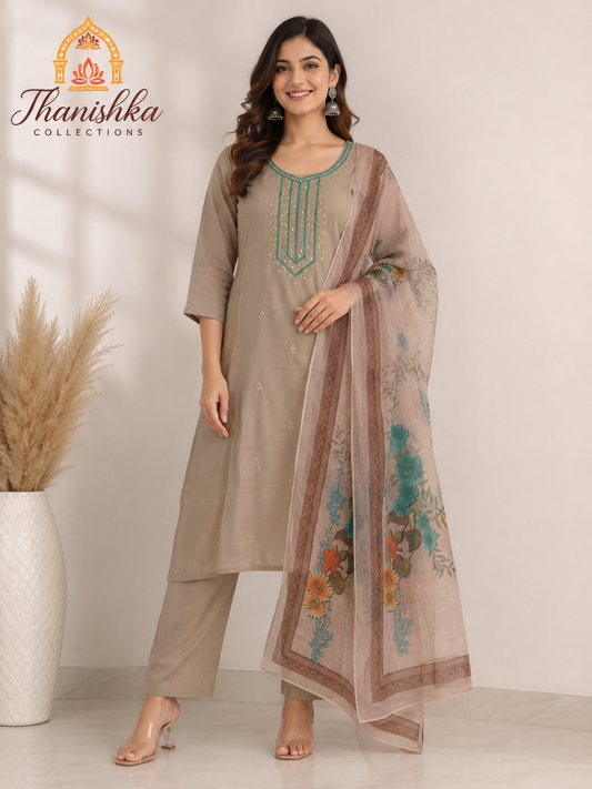 Roman 3 pcs Set with Top embroidery and Organza digital printed dupatta