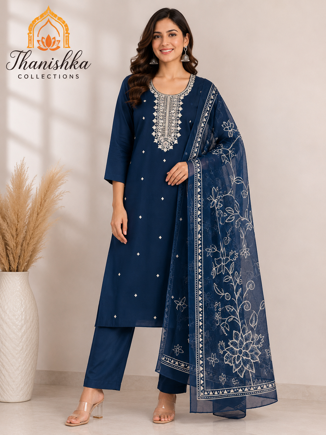 Roman 3 pcs Set with Top embroidery and Organza digital printed dupatta