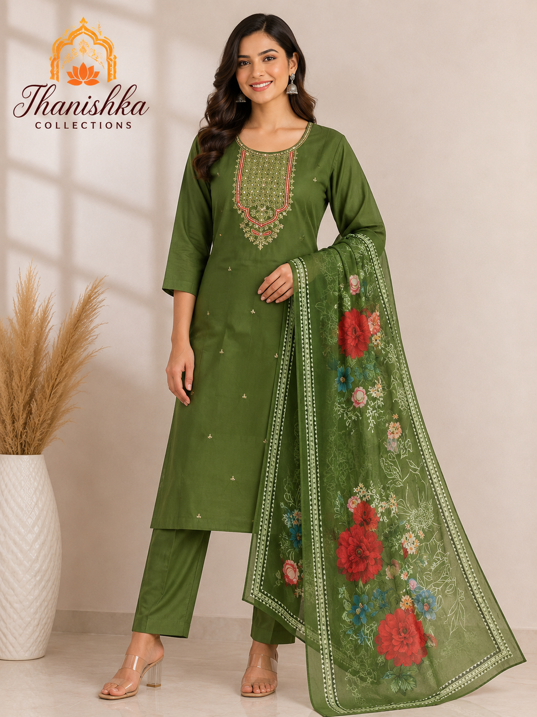 Roman 3 pcs Set with Top embroidery and Organza digital printed dupatta