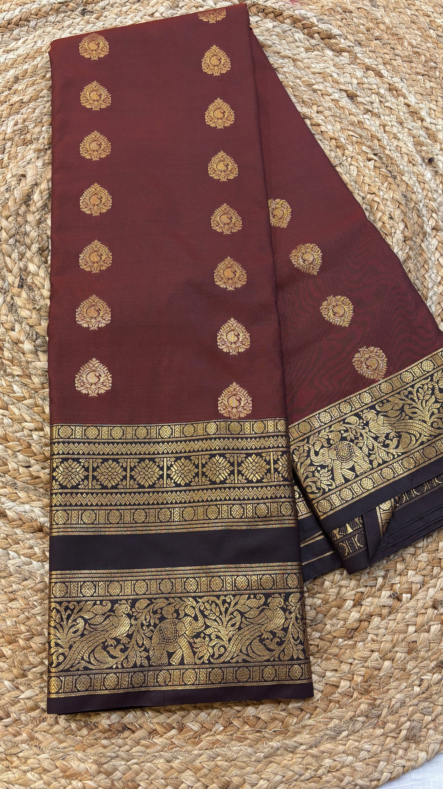 Semi Kanchi Rust orange with Brown saree