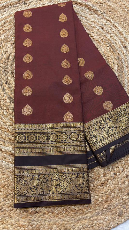 Semi Kanchi Rust orange with Brown saree
