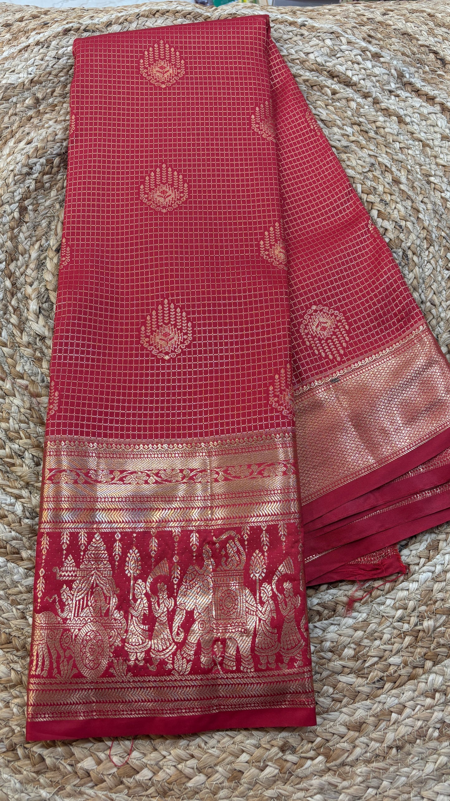 Semi Kanchi Self Red Saree