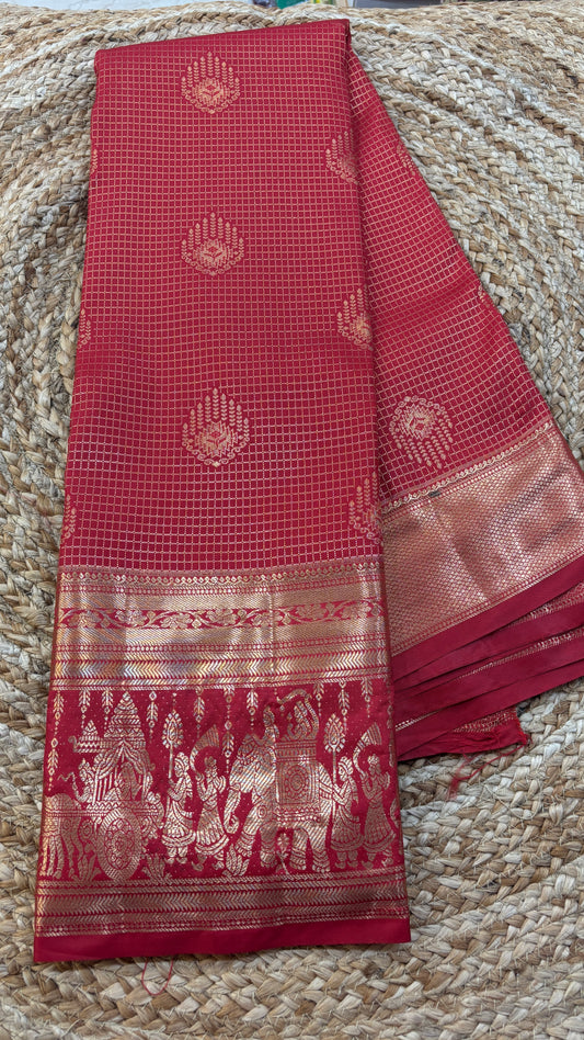 Semi Kanchi Self Red Saree