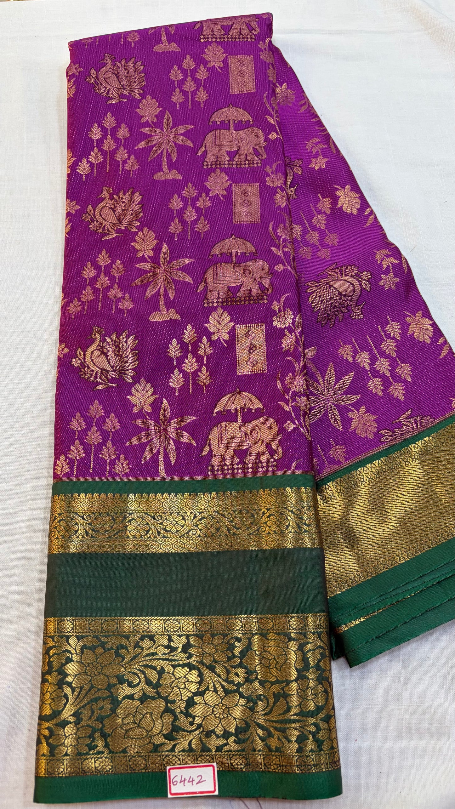 Semi Kanchi Pattu saree Purple with Green border