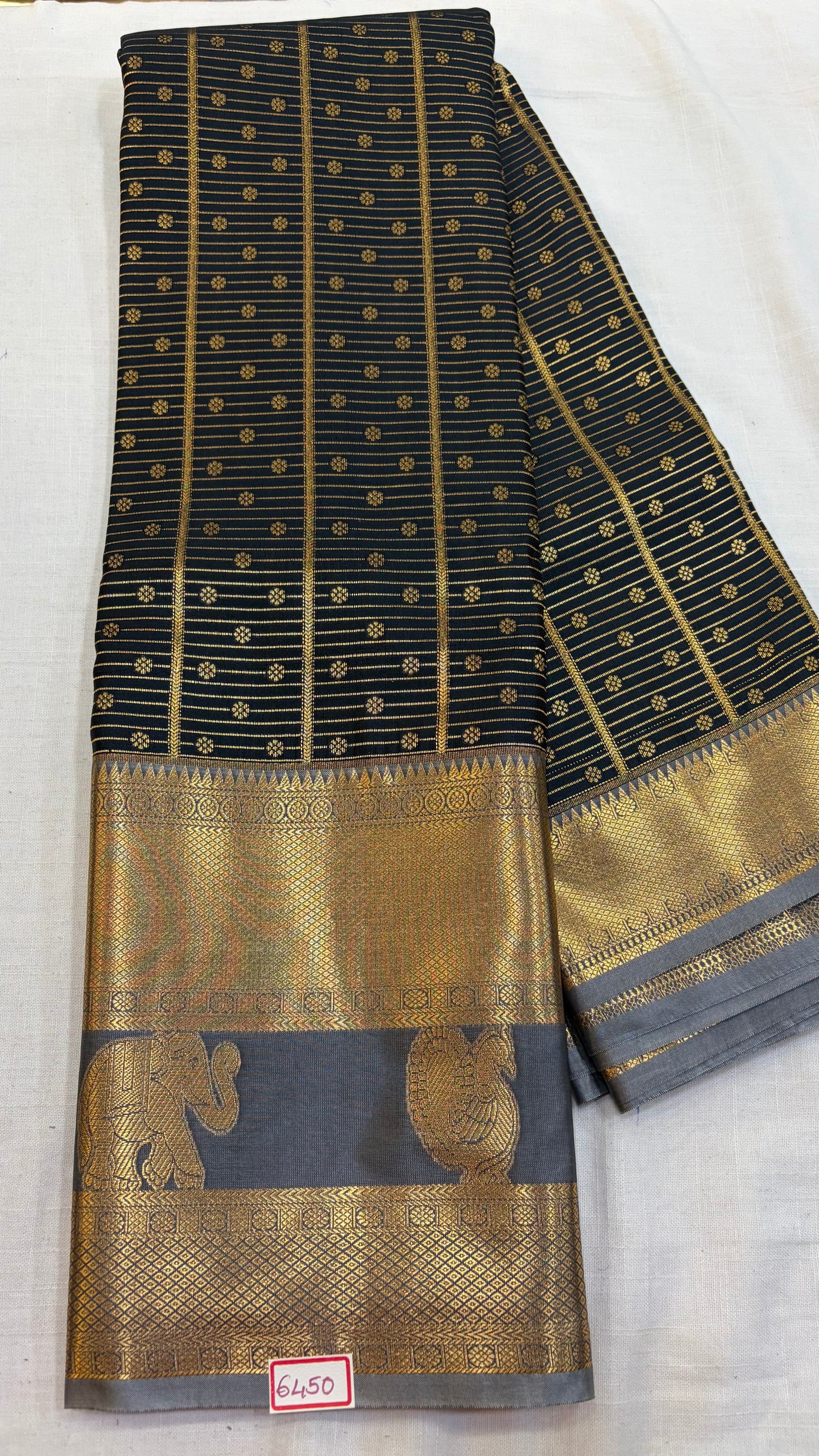 Semi Kanchi Pattu saree Black with Grey Border