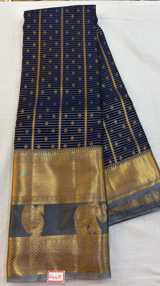 Semi Kanchi Pattu saree Navy Blue with Grey