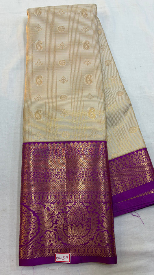 Semi Kanchi Pattu saree Half white with Purple