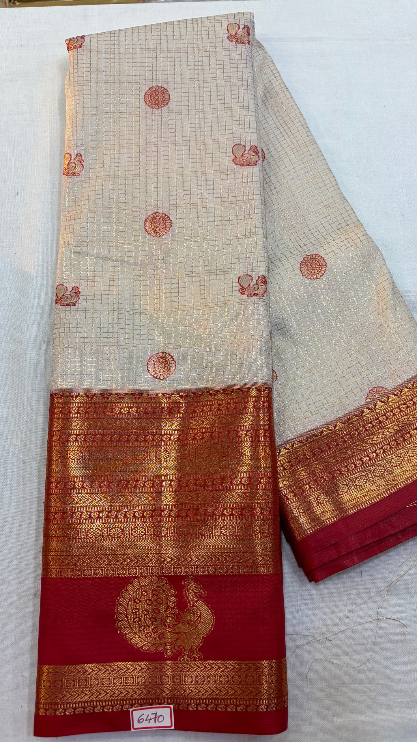 Semi Kanchi Pattu saree white with Red