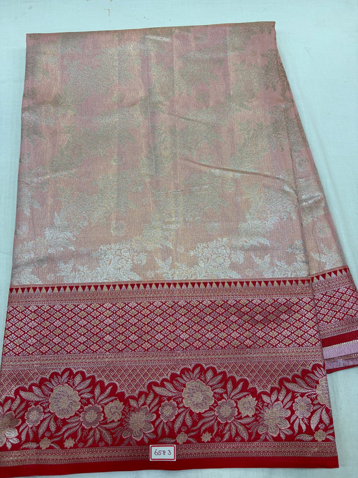 Meenakari Semi Kanchi Pattu Sarees Peach with Red Border